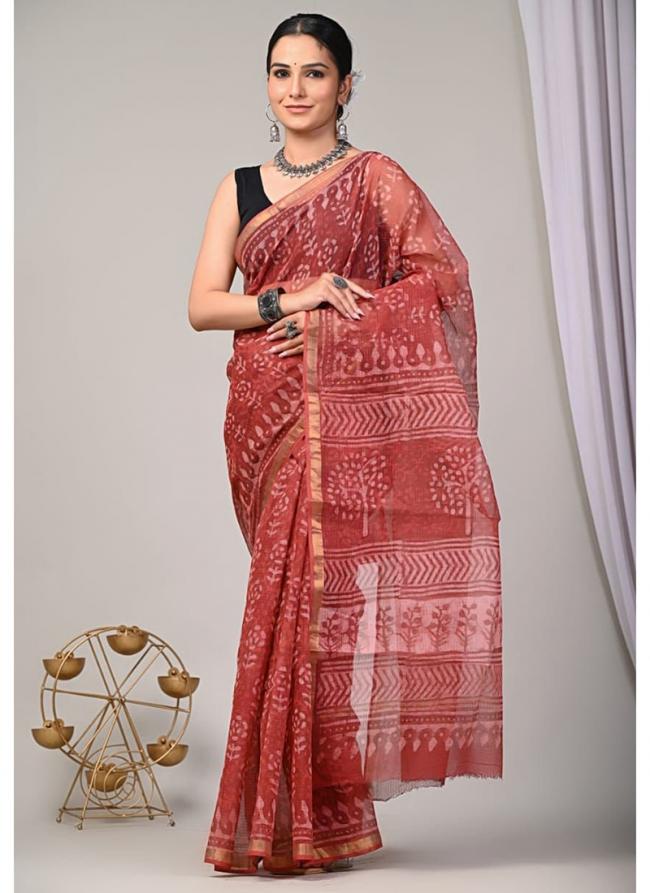 Cotton Kota Doriya Light Red Casual Wear Printed Saree